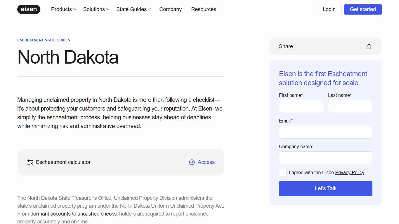 North Dakota Escheatment Guide Eisen