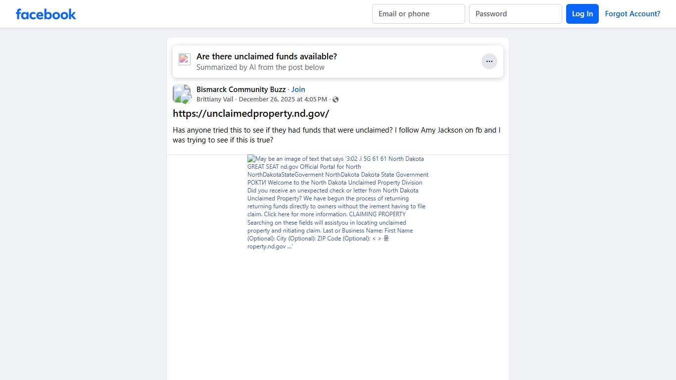 Bismarck Community Buzz https://unclaimedproperty.nd.gov/ Facebook