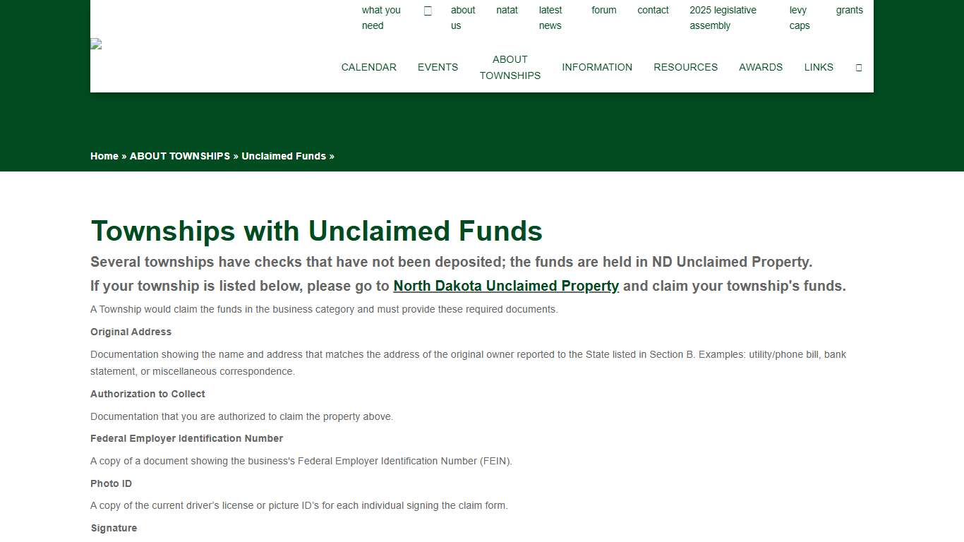 North Dakota Township Officers Association - Unclaimed Funds