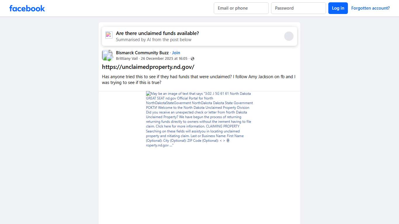 Bismarck Community Buzz https://unclaimedproperty.nd.gov/ Facebook